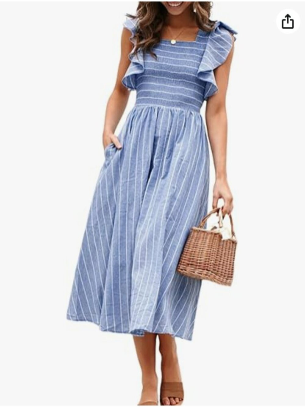 Simple Light Blue Striped Smocked Midi Dress